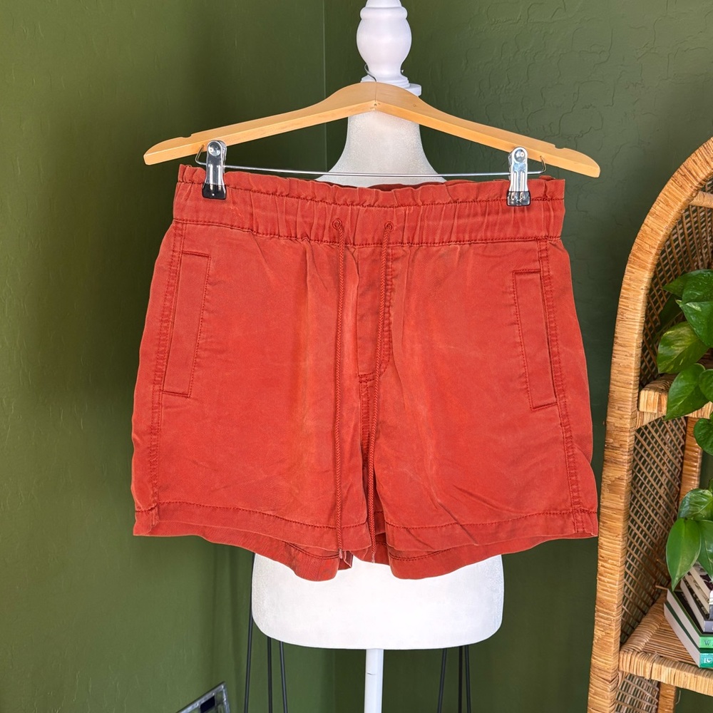 Burnt Orange Loft Cinch Back Pocket High Waisted Paper Bag Shorts